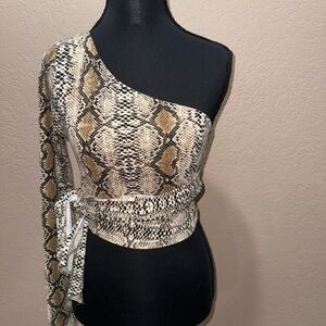 Forever 21 Snake Print One-Shoulder Top - Tan and Black